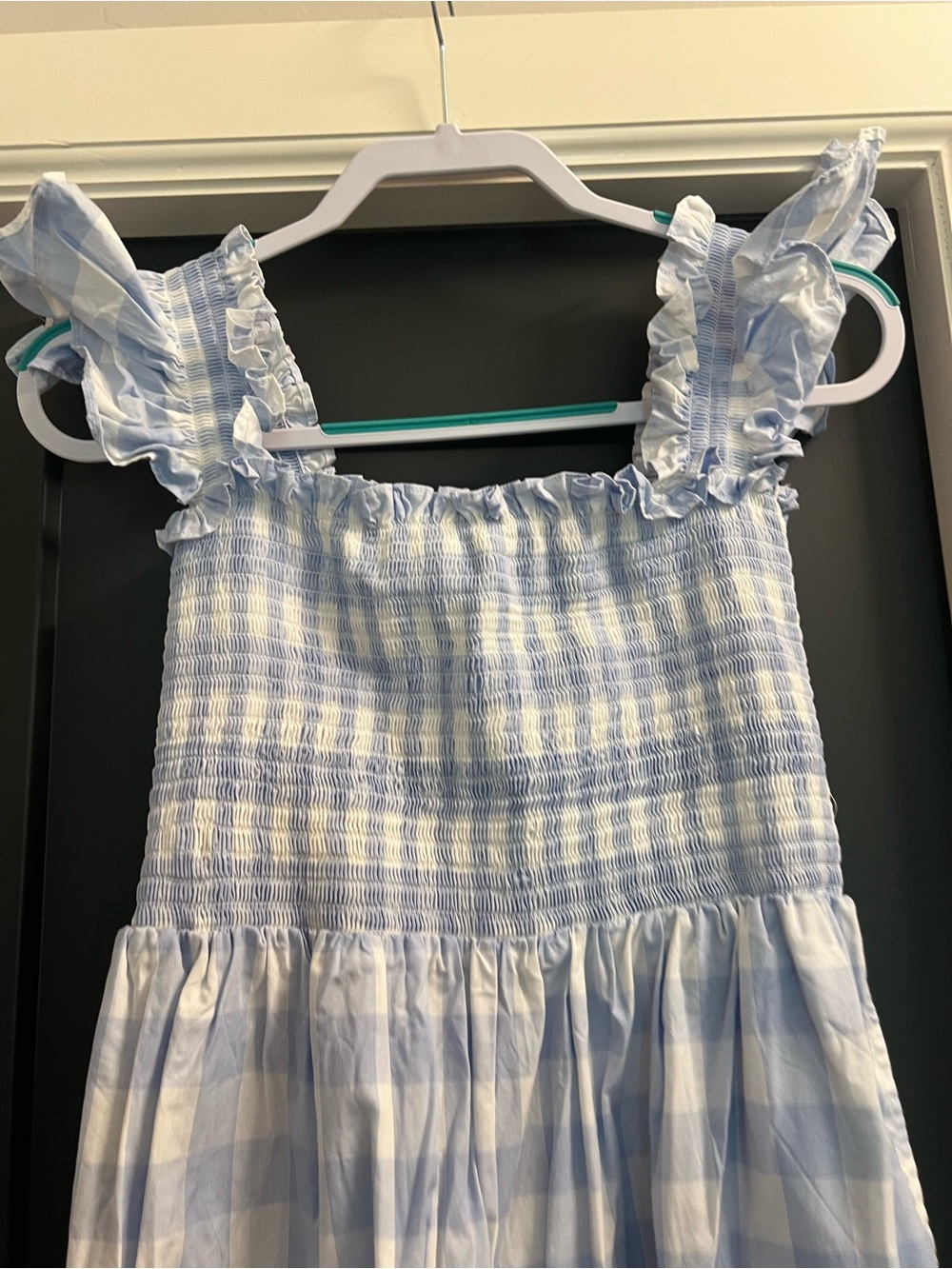 Blue Gingham Smocked Ruffle Strap Womens Dress - Picture 2 of 3